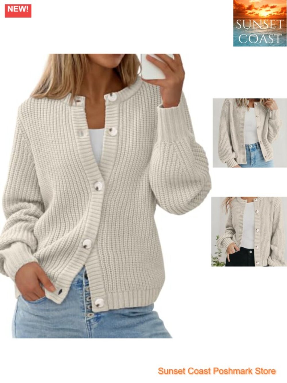 Chunky Knit Button Up Cardigan Sweater Crew Neck Long Sleeve Loose Fit